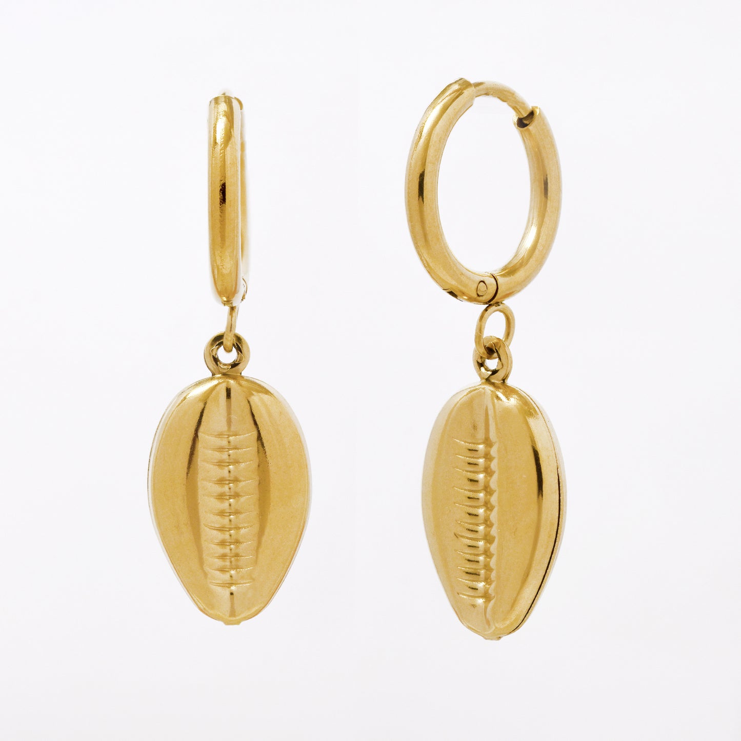 SSYE7794 - Steel 14mm x 2mm cowrie shell drop hoop earring