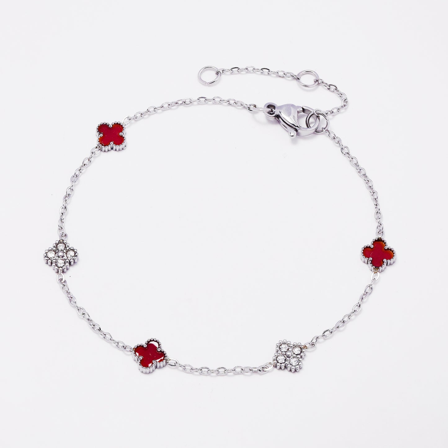 SSYB7802 - Steel 17cm + 3cm CZ & enamel four-leaf clover bracelet