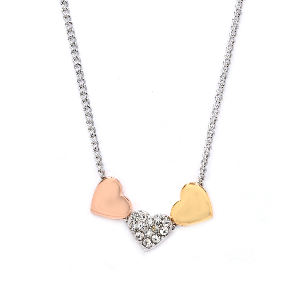 AB11111 - Premium brass plain and cubic zirconia triple heart pendant necklace
