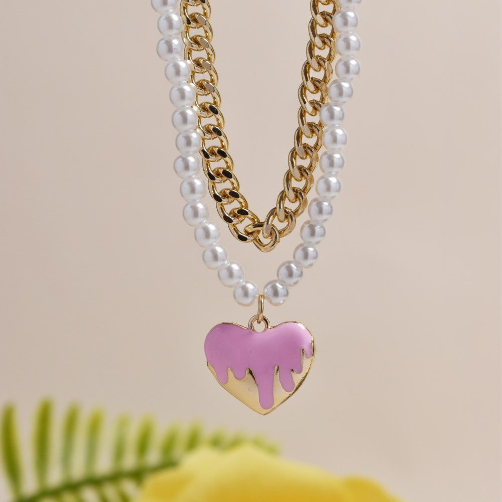 Fashion curb and pearl with pink enamel heart necklace set - AB11946