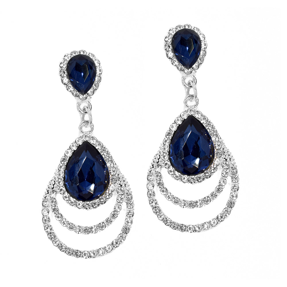 Fashion silver plated clear and blue crystal statement teardrop glamour earring - ABE1180