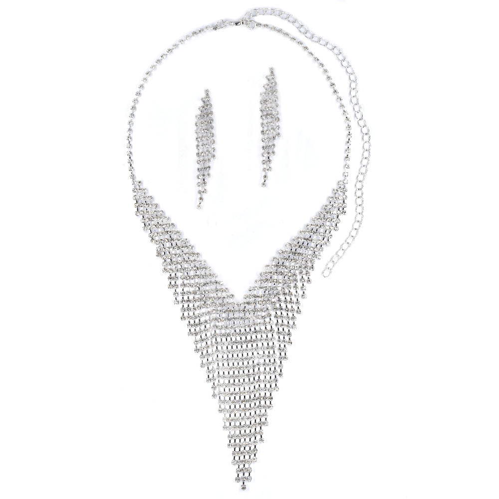 Fashion crystal necklace and earrings tiered V statement set - ABST1159