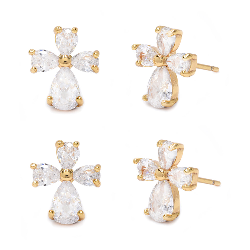CZMPK2870 - 2 Pack Brass curvy cubic zirconia cross gold stud earrings