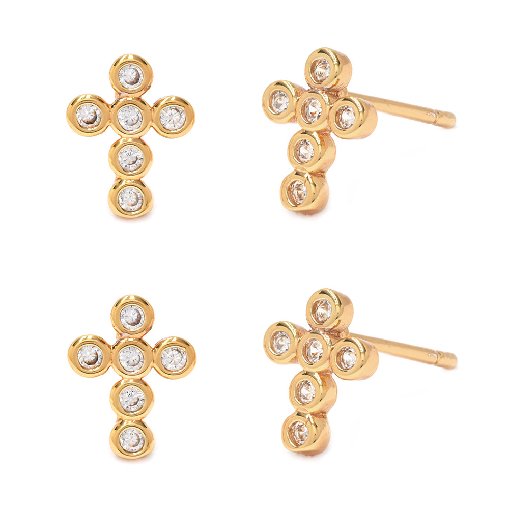 CZMPK2871 - 2 Pack Premium brass round tube cubic zirconia gold cross stud earrings