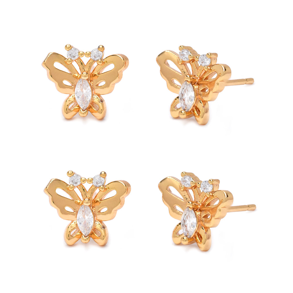 2 Pack premium gold plated butterfly stud with cubic zirconia stud earring