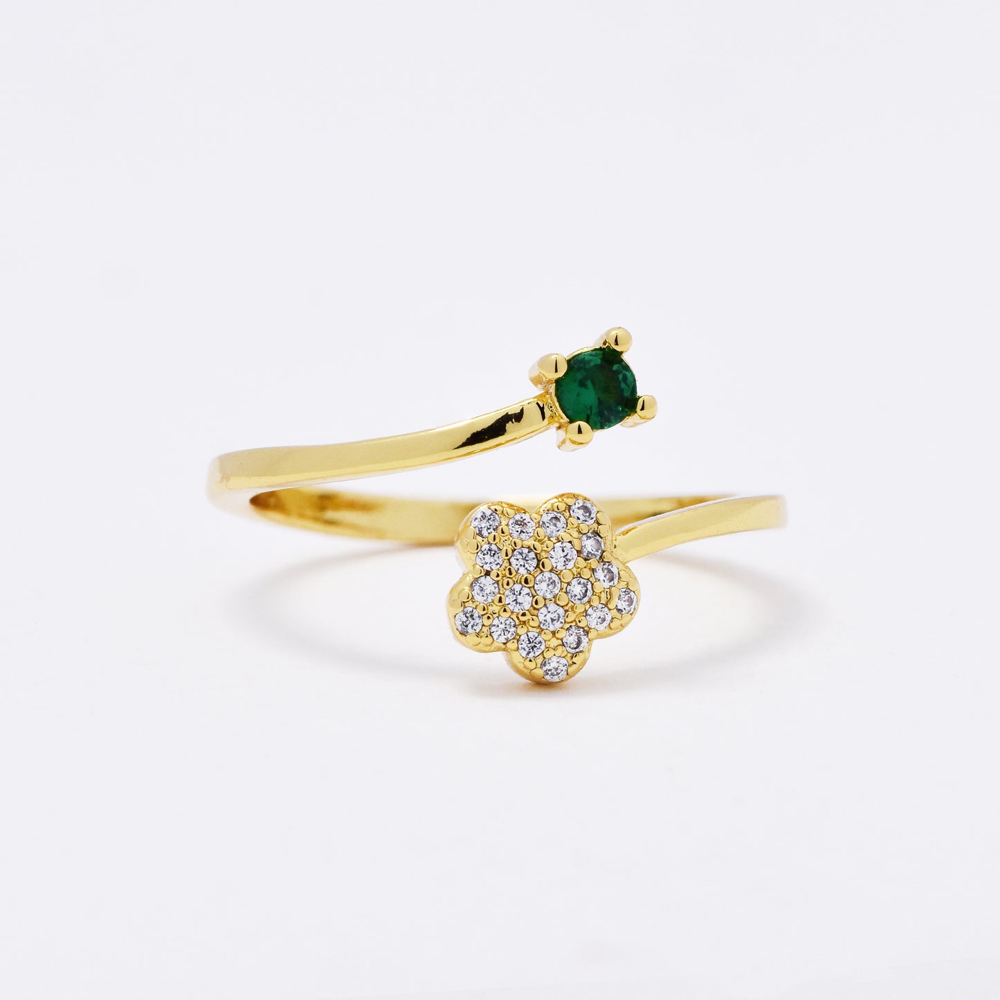 CZMR3069 - Premium brass open size flower emerald and CZ ring