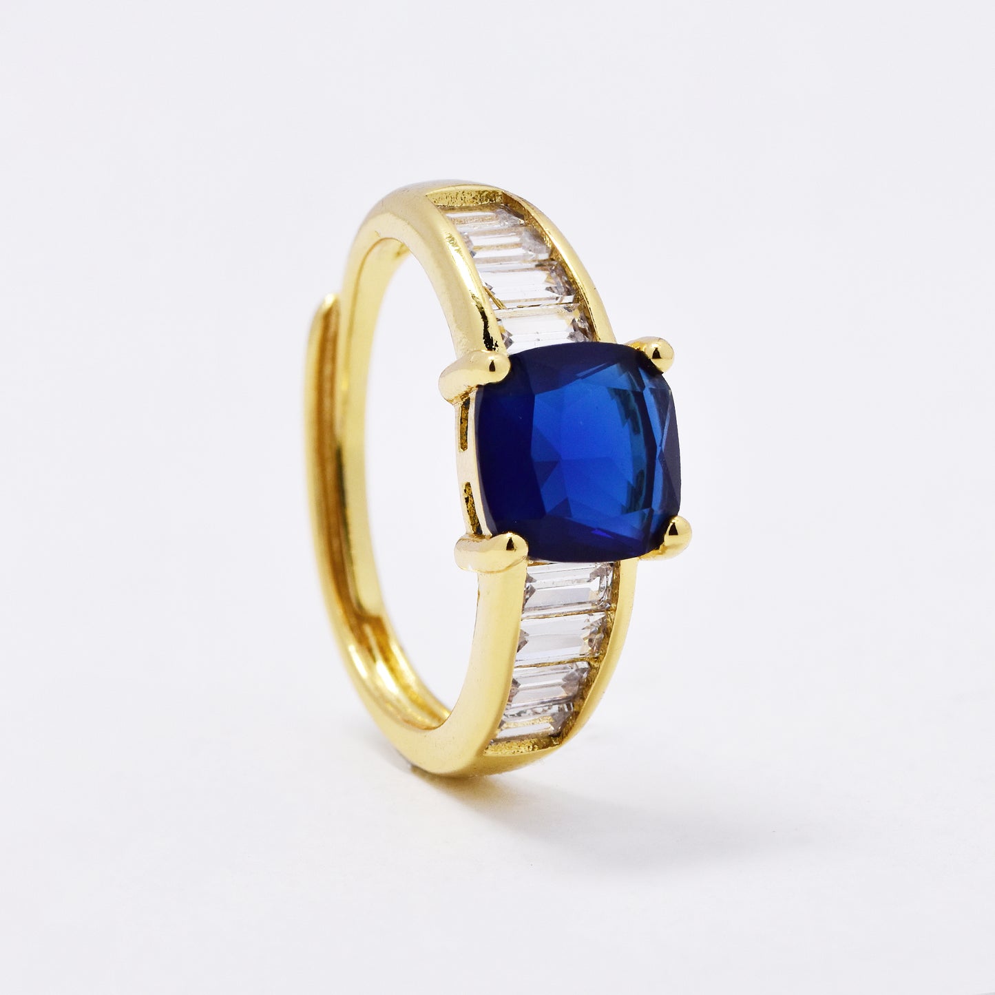 CZMR3074 - Premium brass sapphire and CZ adjustable size ring