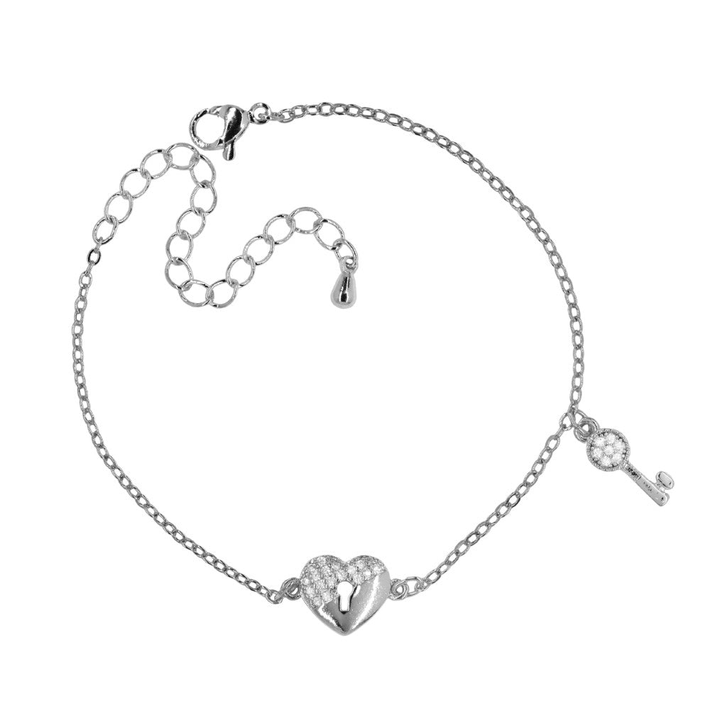 Premium cubic zirconia heart key charm bracelet Length: 16cm + 5cm extension chain charm: 9mm
