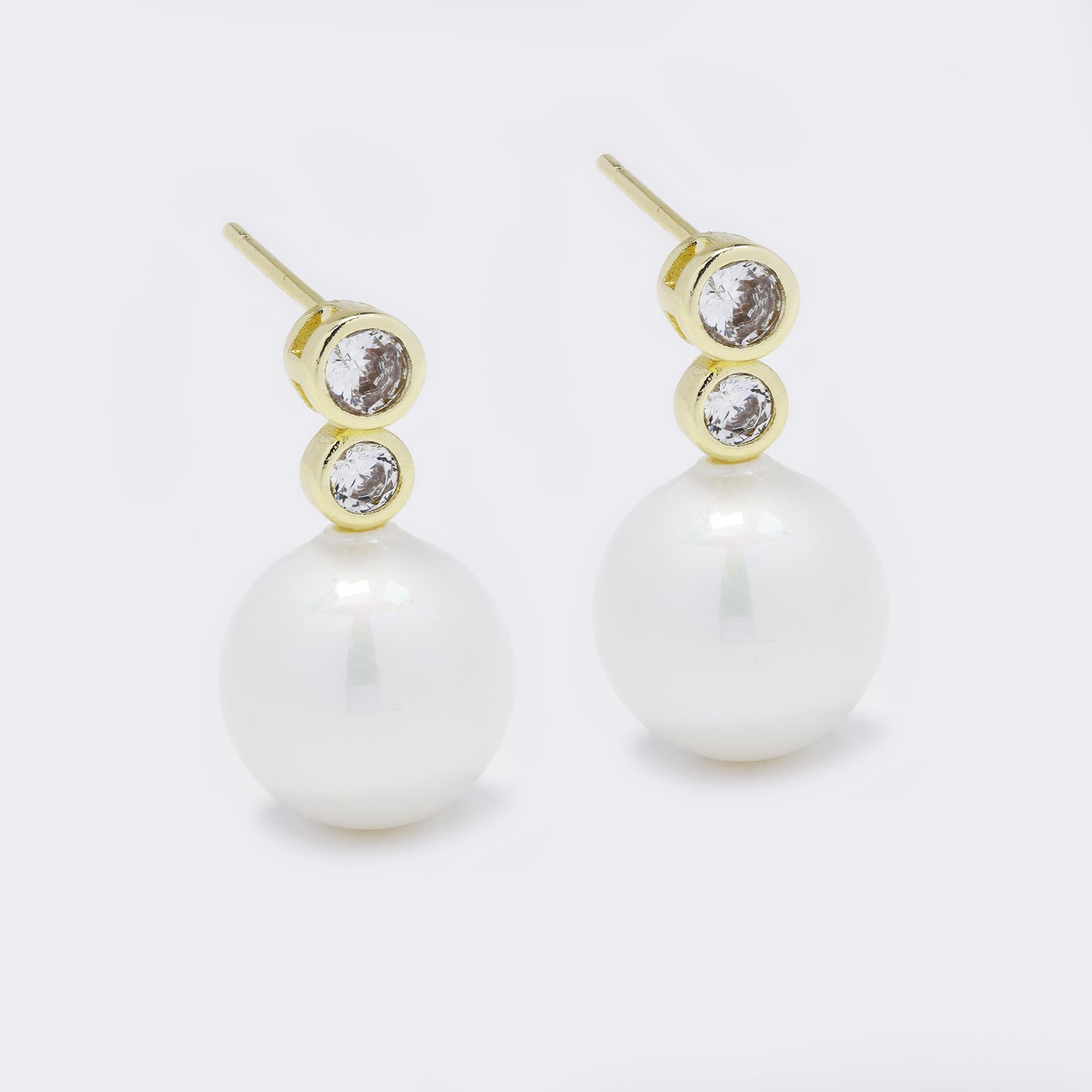 CZYE5770 - Premium brass CZ and 10mm round faux pearl drop stud earrings