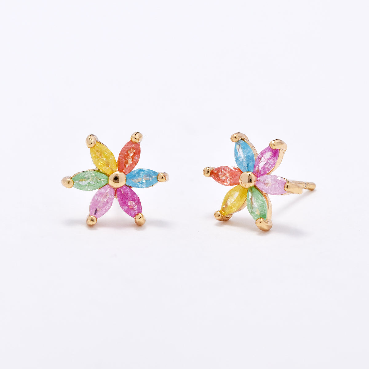 CZYE6148 - Brass 19mm multi colour CZ flower stud earrings