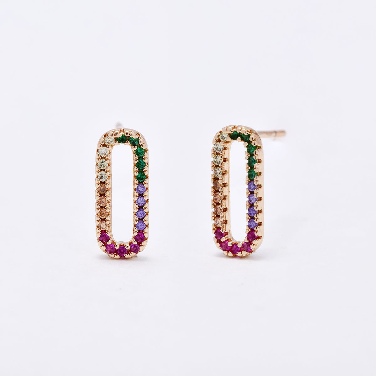 CZYE6155 - Brass 13mm x 5mm oval multi colour CZ stud earrings