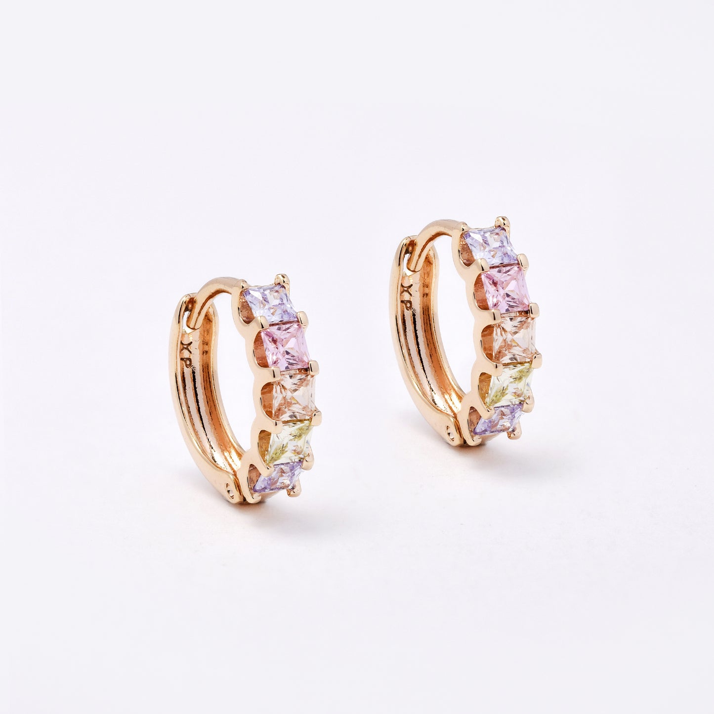 CZYE7470 - Premium brass plated 13mm x 3mm multi colour CZ hoop earring