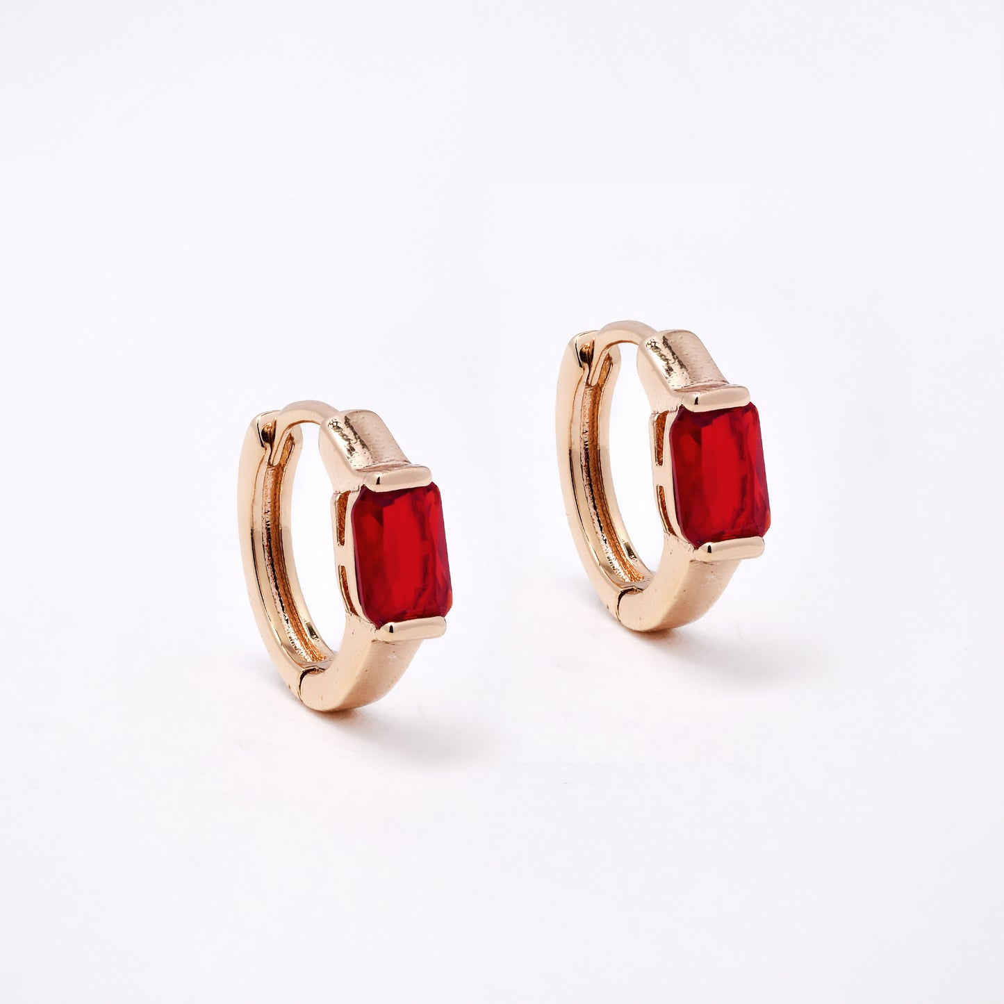 CZYE7480 - Premium brass plated 13mm x 2.5mm red CZ accent hoop earring