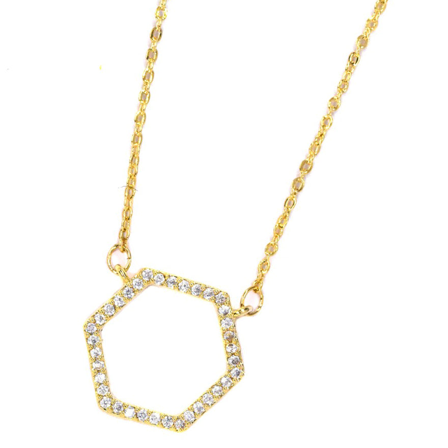 CZYN2830 - Brass gold plated cubic zirconia hexagon necklace