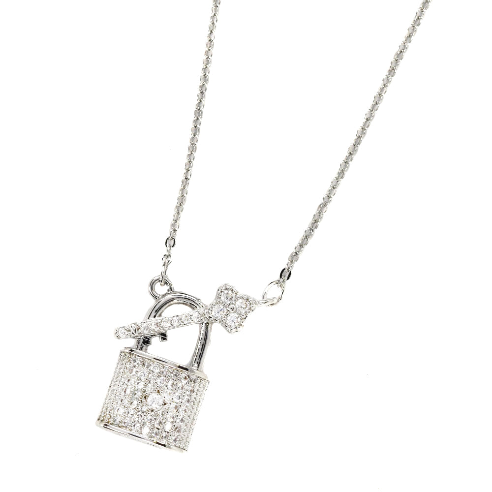 CZYN3228 - Premium brass cubic zirconia lock & key silver necklace