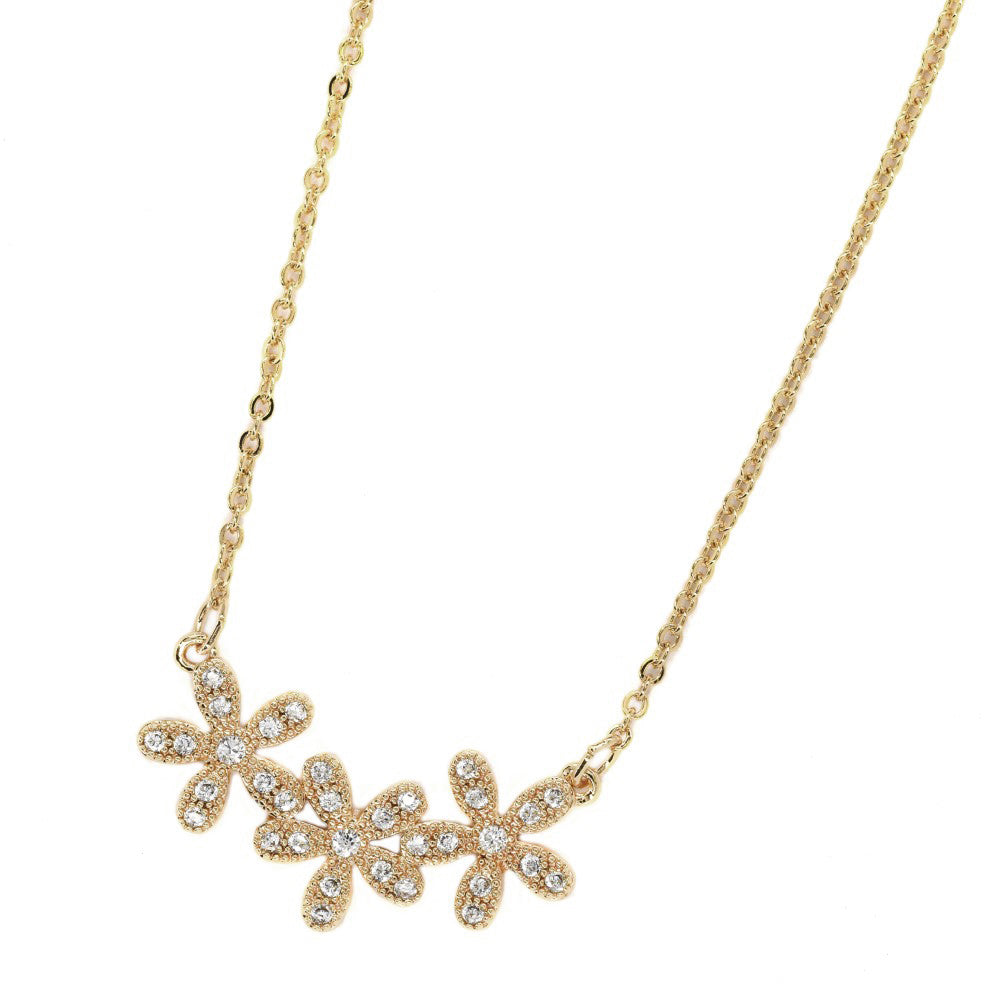 CZYN3229 - Premium brass cubic zirconia 3 flower gold plated necklace