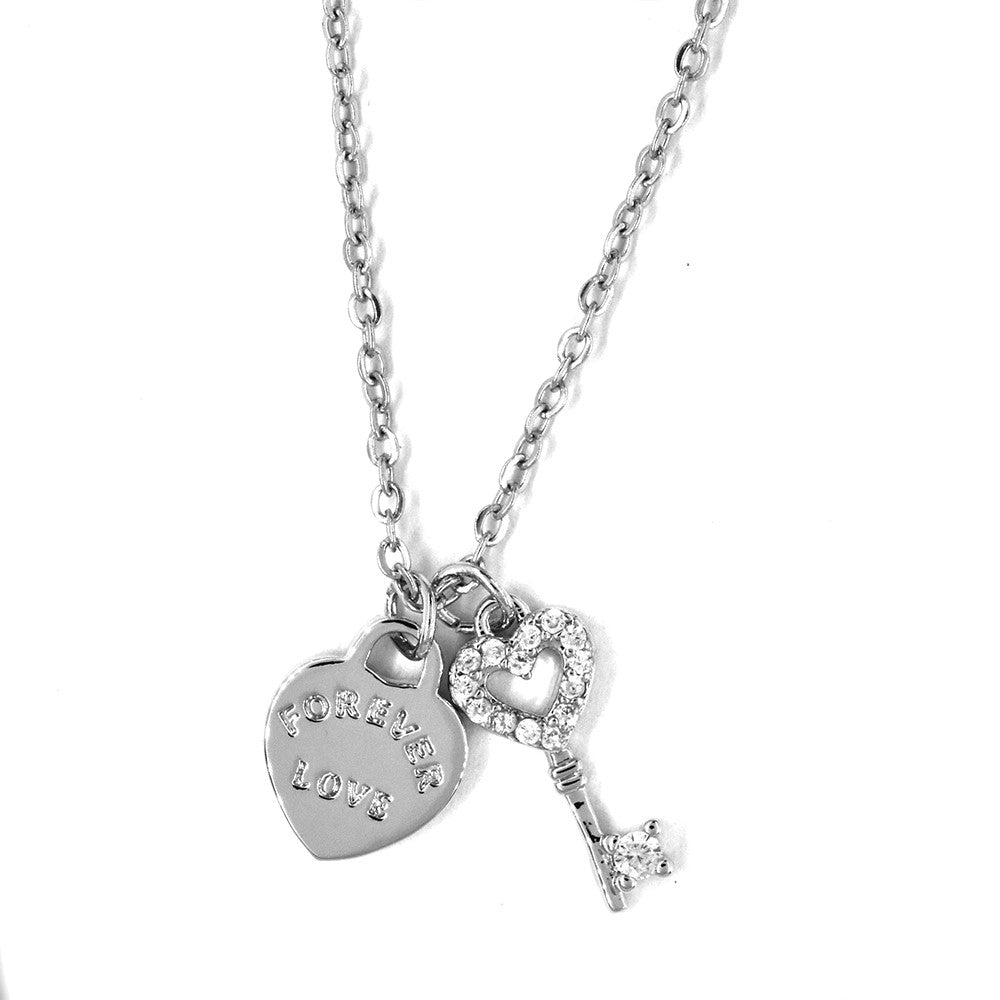 Premium cubic zirconia 'forever love' heart and key silver necklace