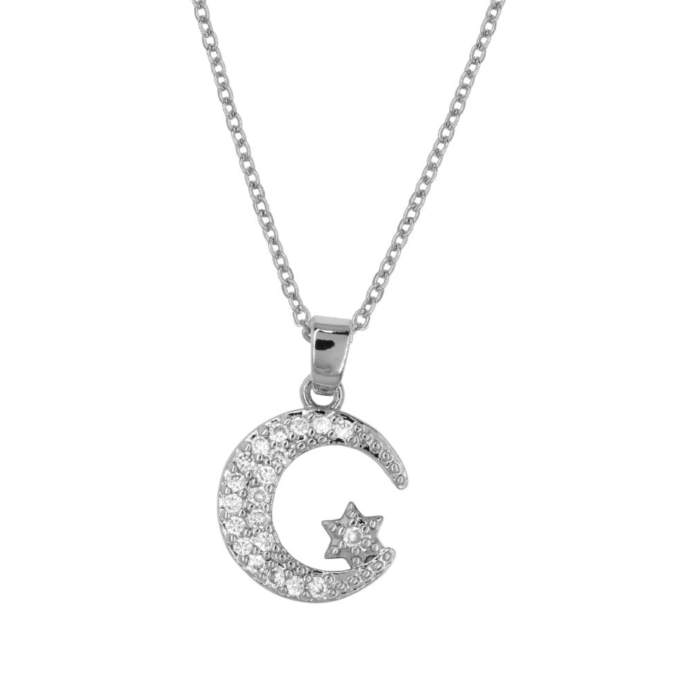 Premium cubic zirconia pave moon and star necklace