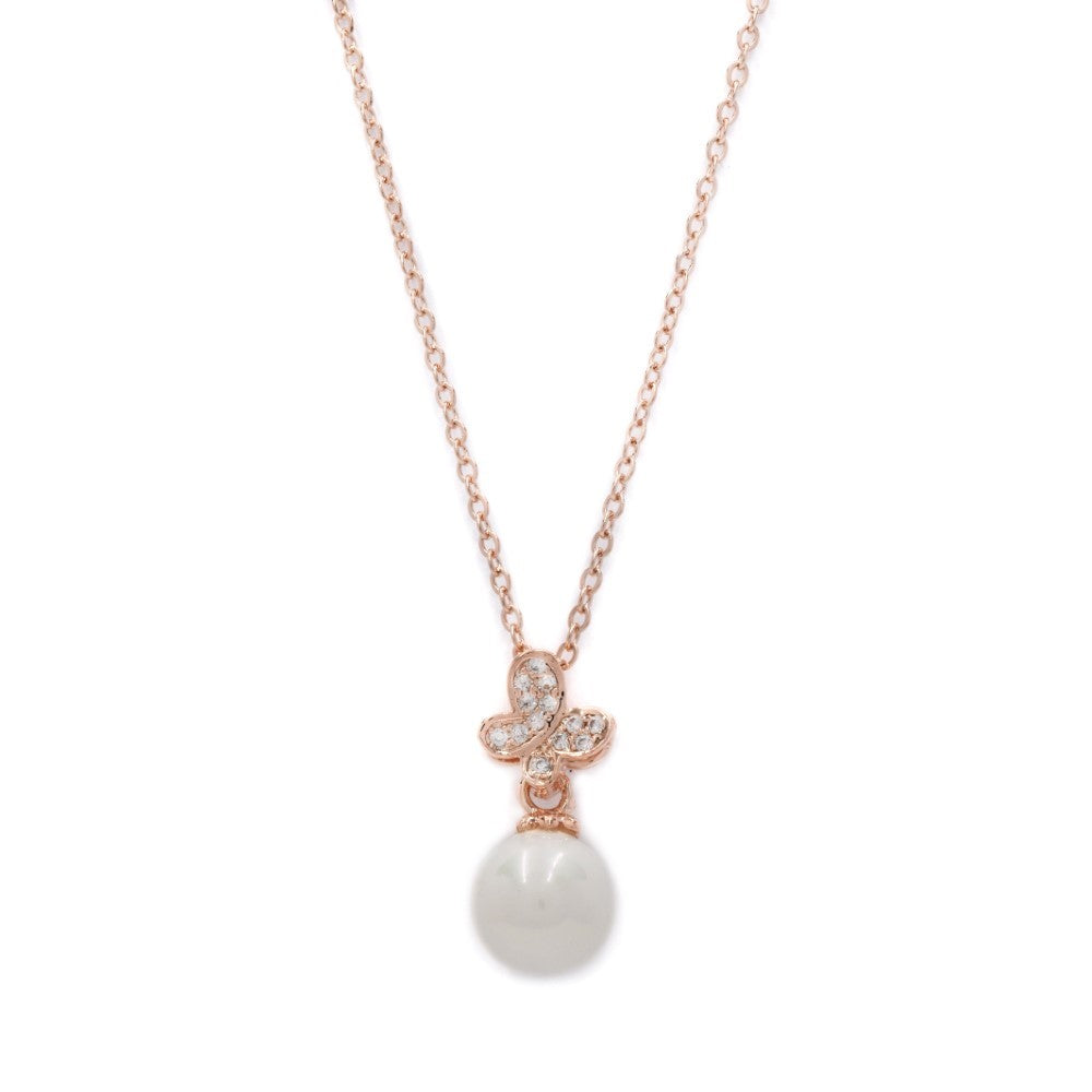 Premium cubic zirconia butterfly and pearl necklace