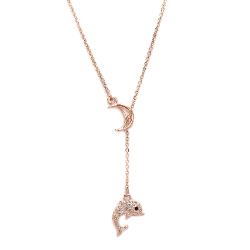CZYN4486 - Brass rose gold moon and Cubic zirconia dolphin Y chain