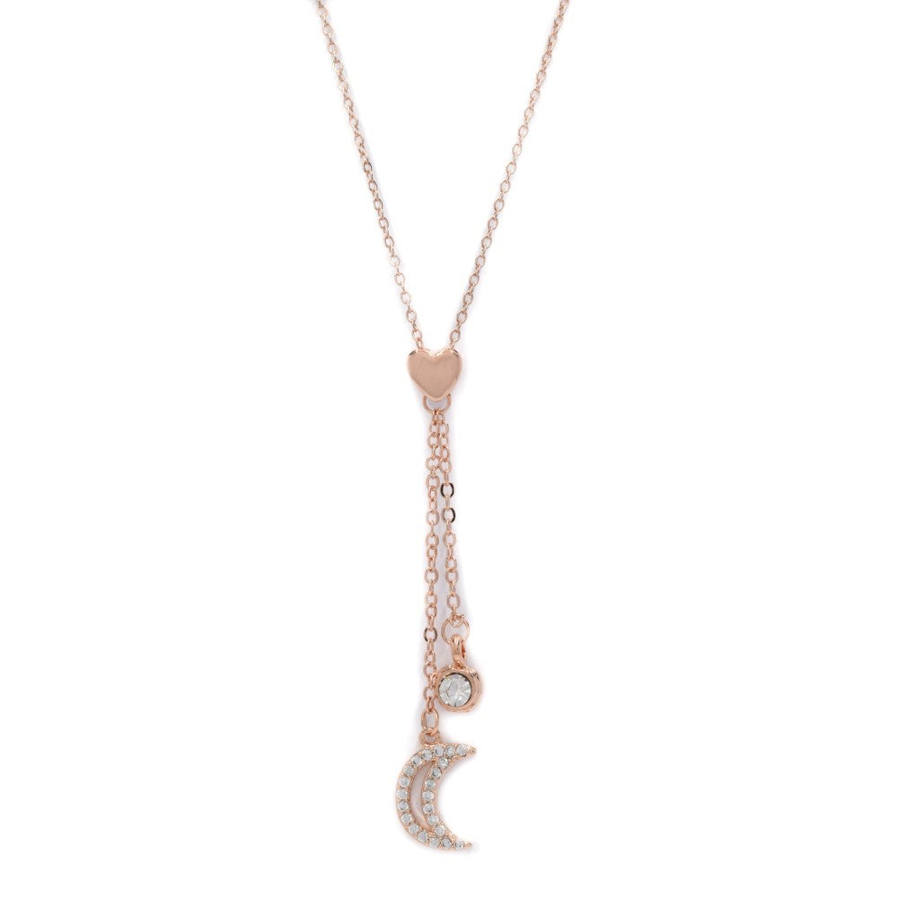 Premium rose gold plated heart and moon Cubic zirconia Y chain