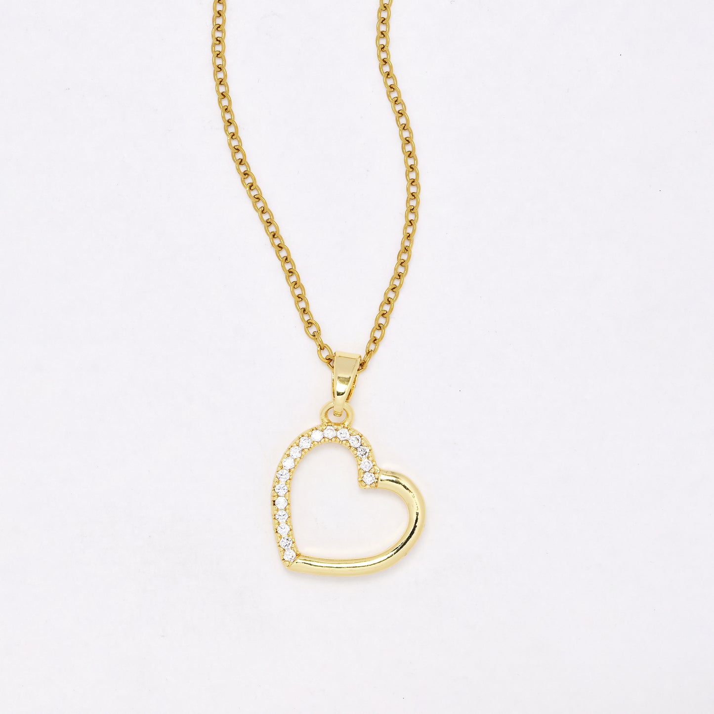 CZYN6400 - S Steel 41cm + 5cm half - Premium brass CZ heart necklace