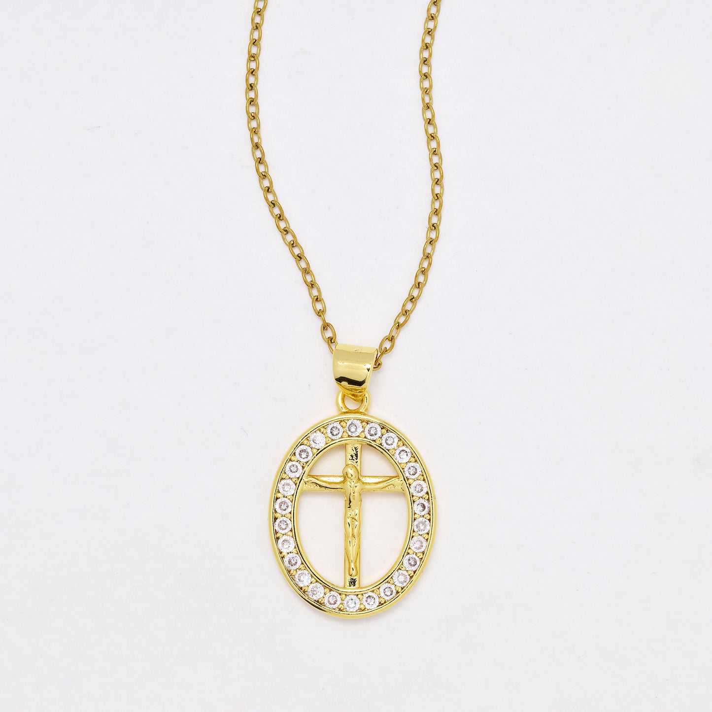 CZYN6402 - S Steel 41cm + 5cm oval - Premium brass CZ and cutout cross necklace
