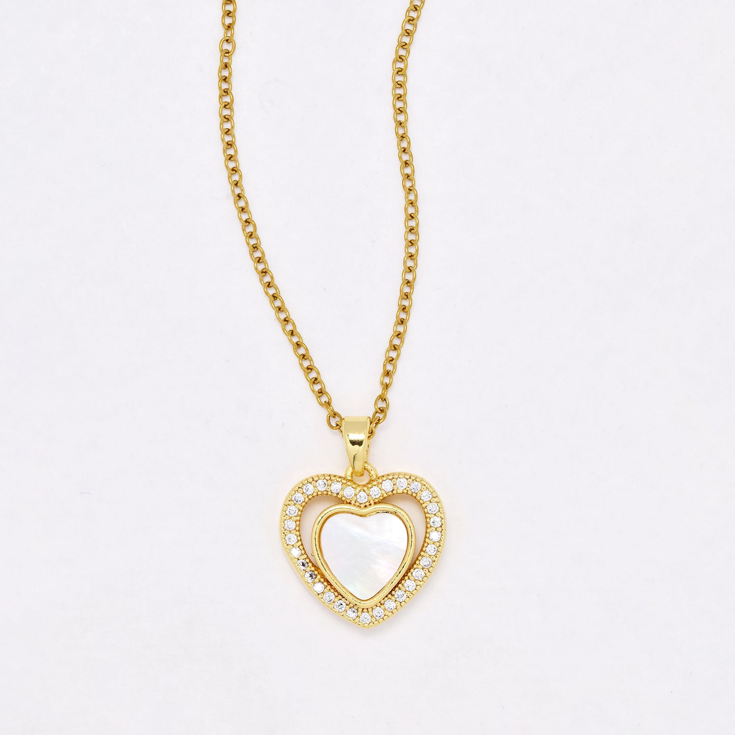 CZYN6403 - S Steel 40cm + 5cm - Premium brass CZ heart and cutout mother of pearl heart necklace