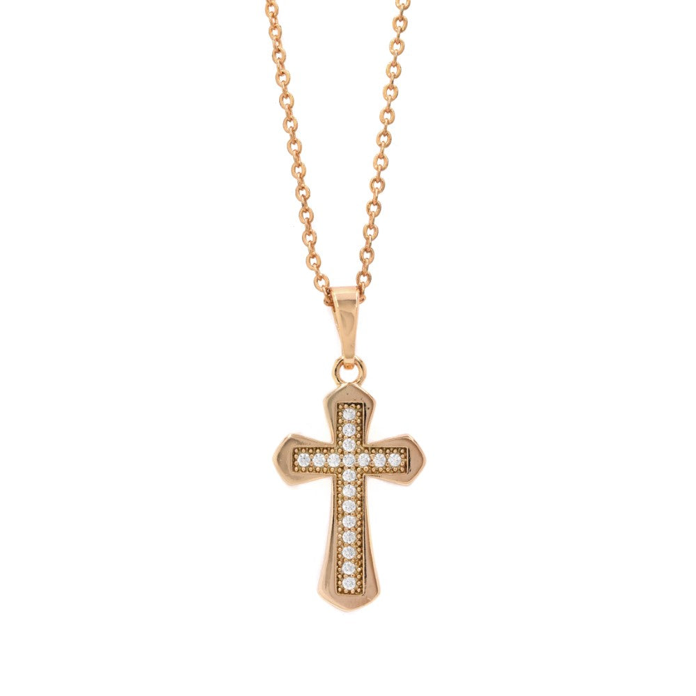 Premium rose gold cubic zirconia petal edge cross necklace - CZYP4100