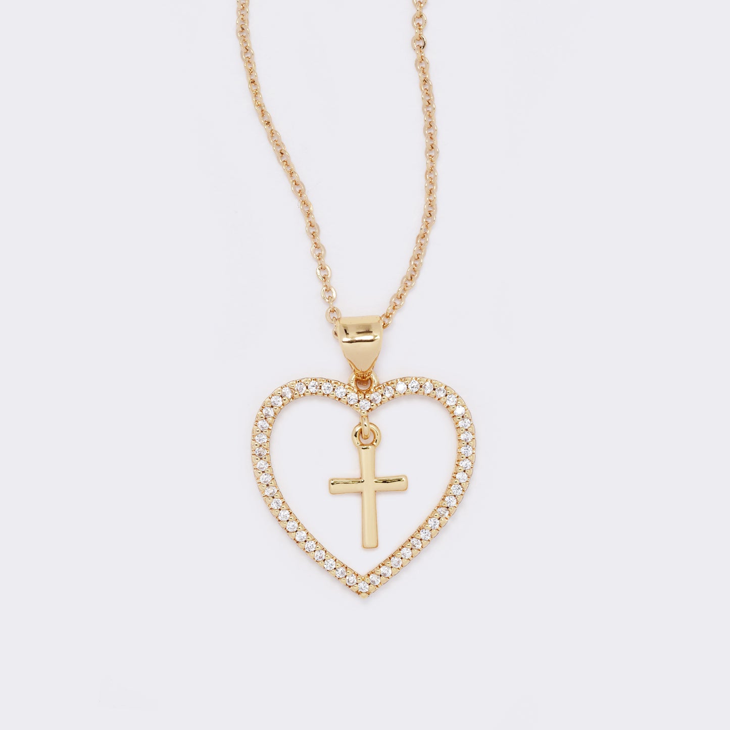 Premium gold plated cross inside CZ heart necklace - CZYP5694