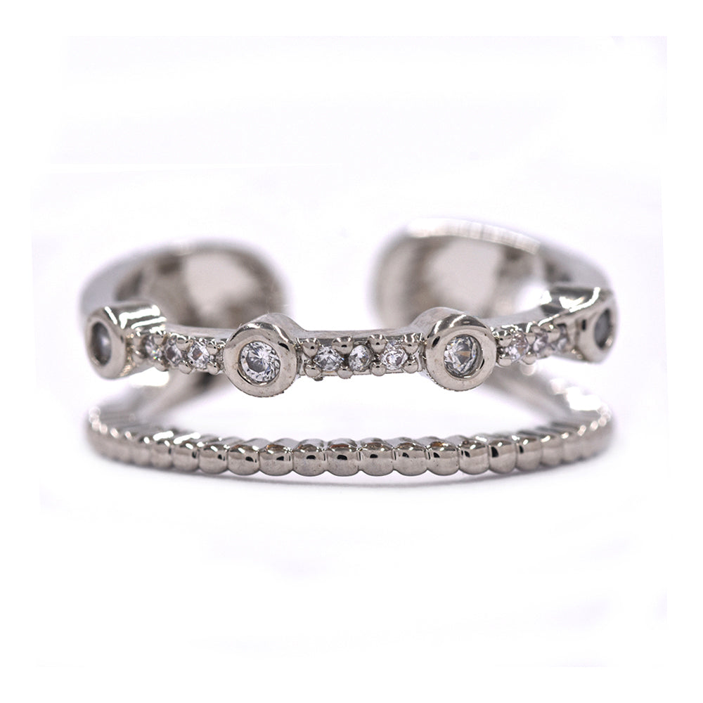 CZYR1023 - Brass cubic zirconia silver plated round double row adjustable ring
