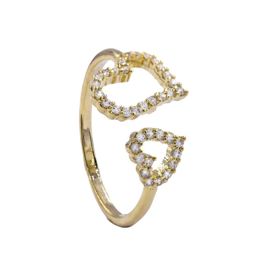 Premium cubic zirconia double cutout heart free size gold plated ring
