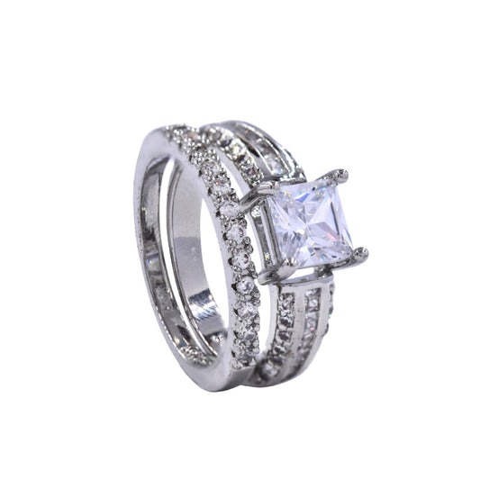 Premium cubic zirconia ring set with princess cut centre stone and studded band