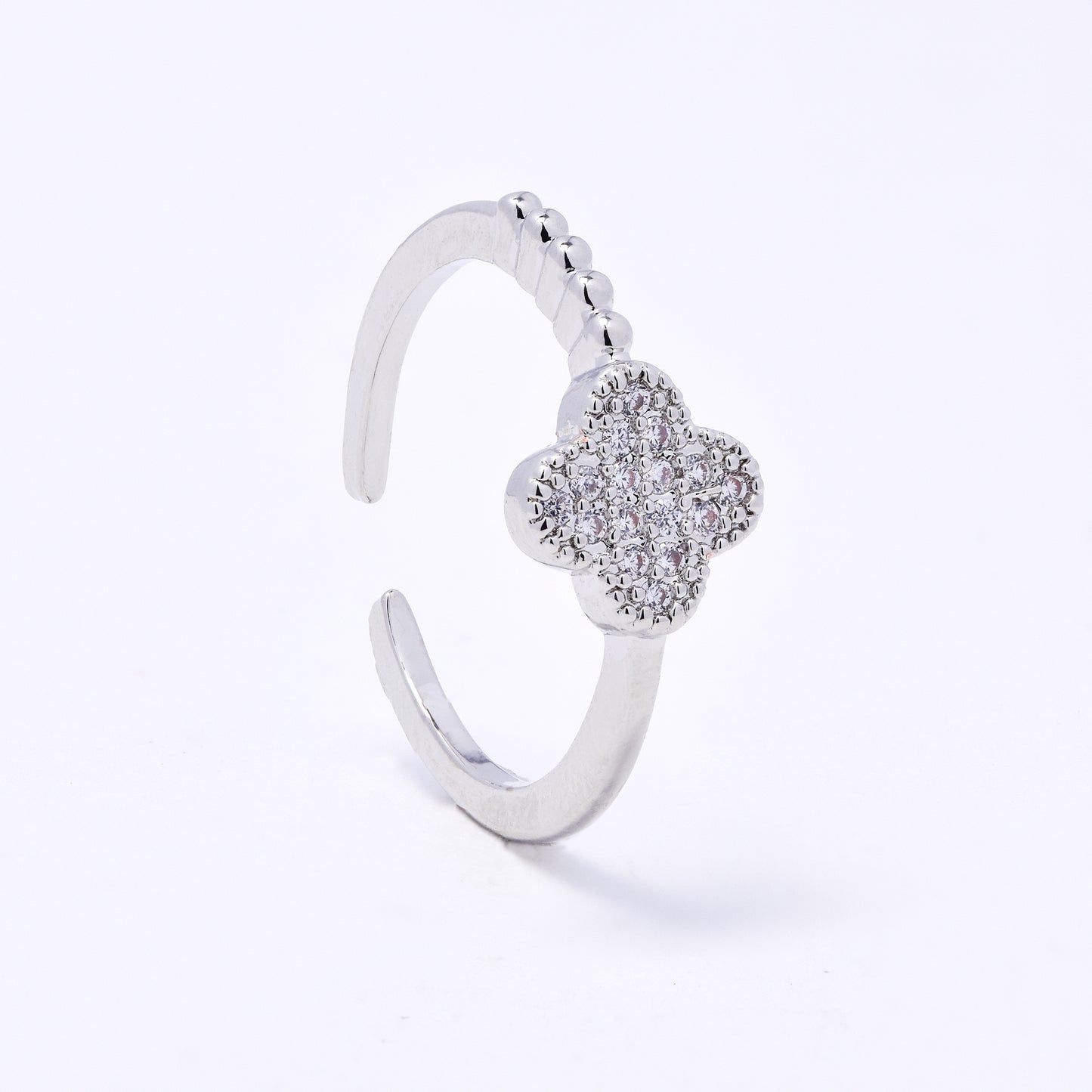 CZYR7497 - Premium brass CZ four-leaf clover free size ring