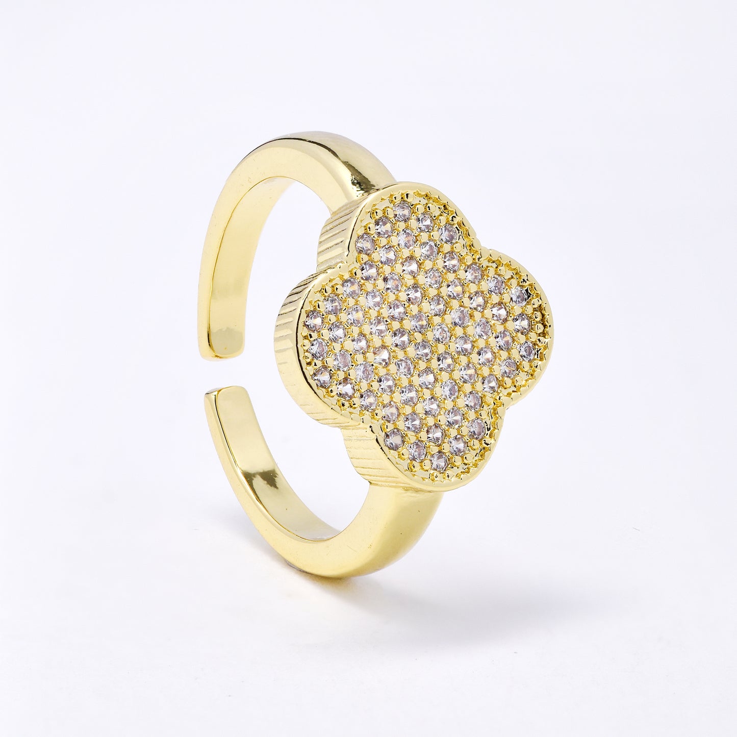 CZYR7505 - Premium brass cluster CZ four-leaf clover ring