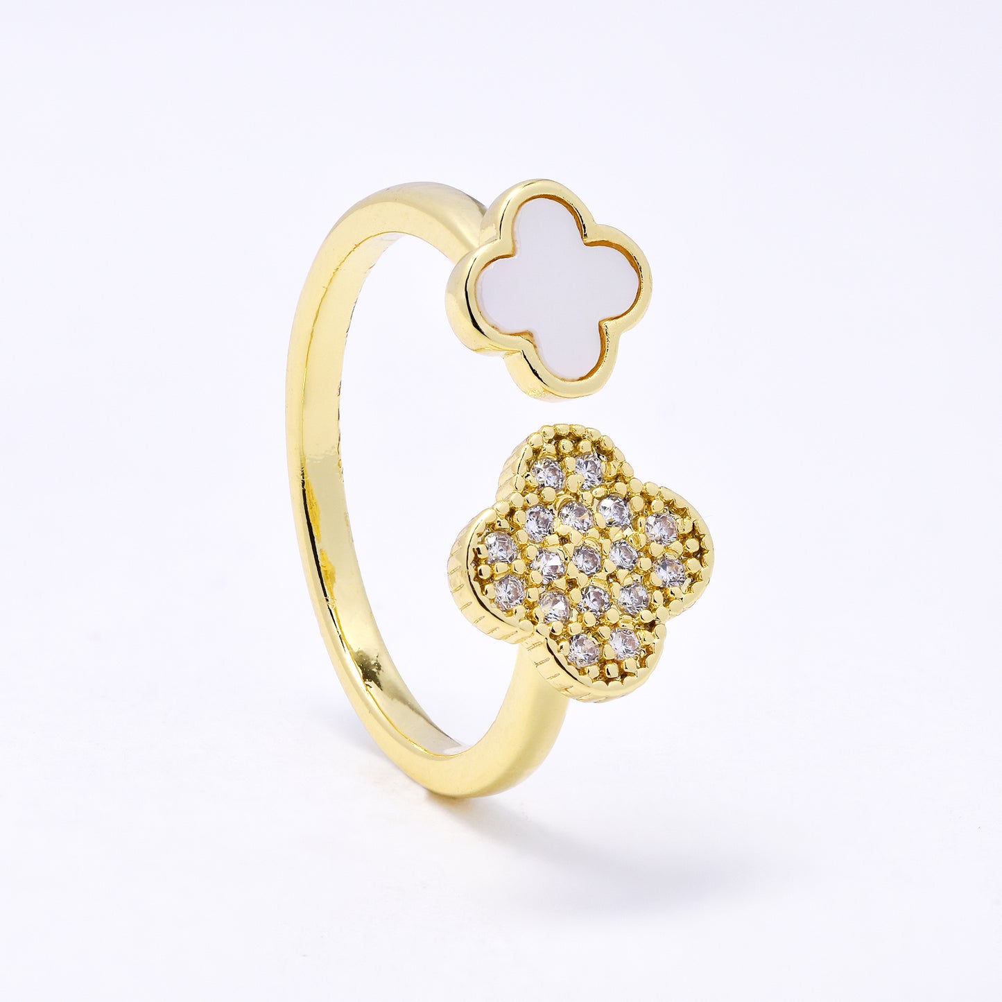 CZYR7506 - Premium brass CZ & shell four-leaf clover ring