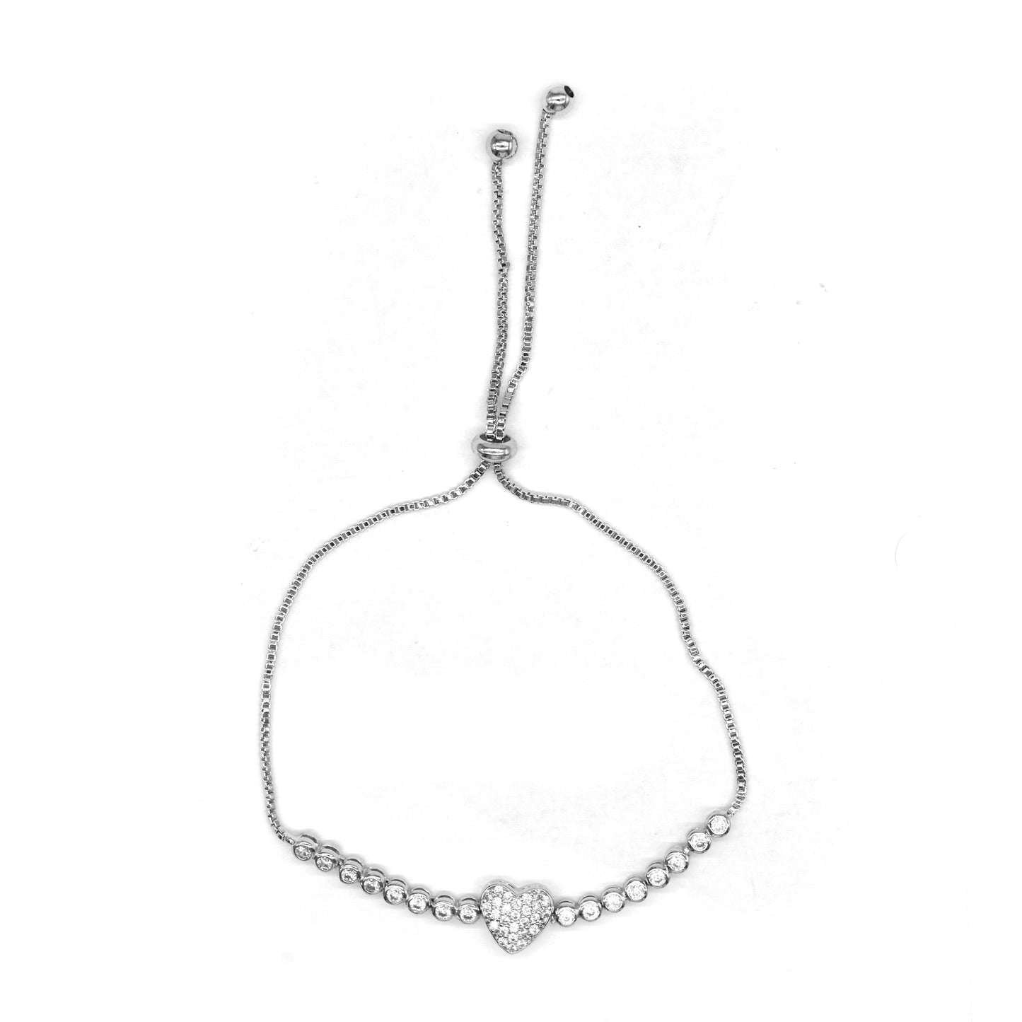 GFB1126 - Premium brass cubic zirconia Heart slide adjustable silver bracelet