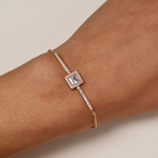 Premium rose gold plated square cubic zirconia and bar adjustable bracelet