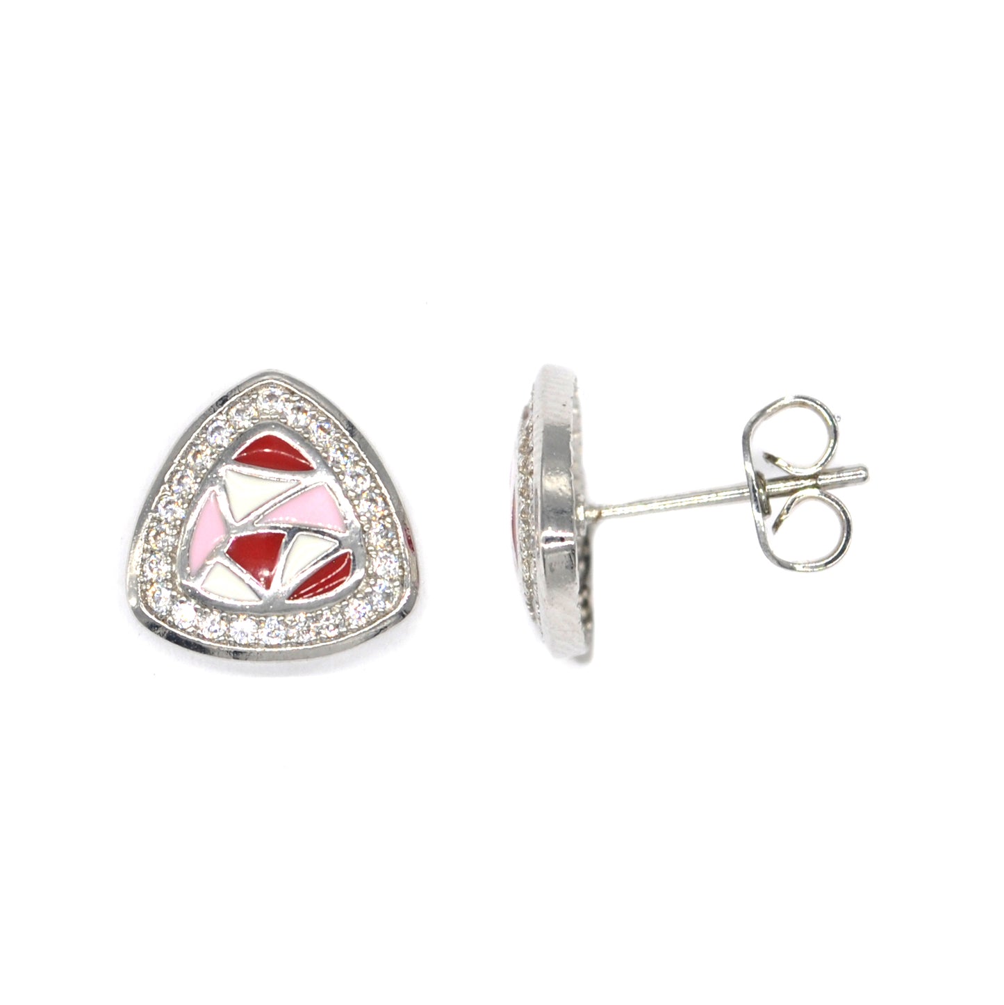 GFE3638 - Premium brass cubic zirconia rounded edge triangle stud with red, white and pink abstract enamel centre