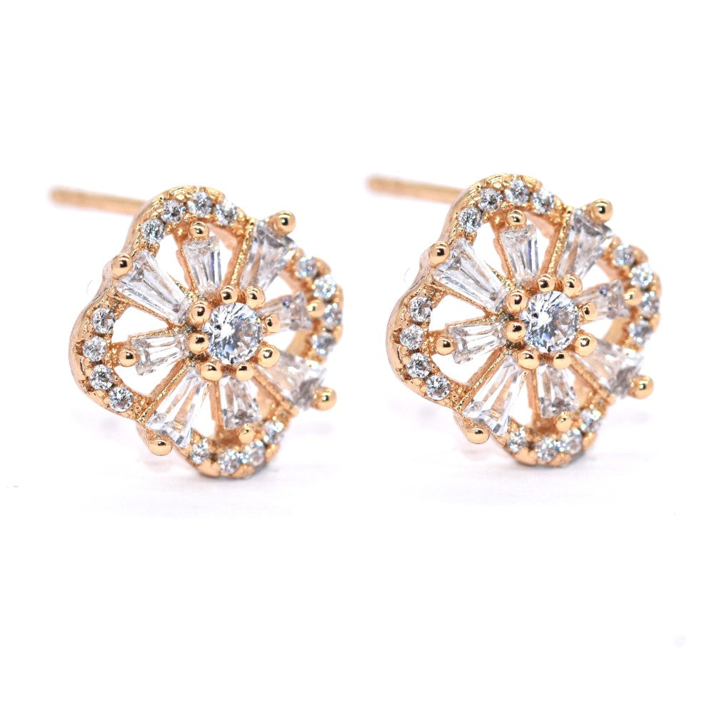 Premium gold plated clover flower cubic zirconia stud earring