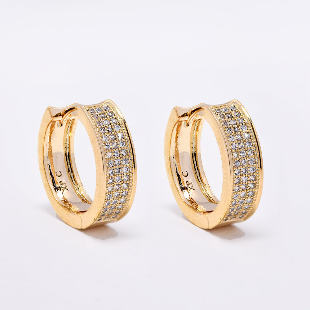 Premium 3 row pave cubic zirconia gold huggie earrings
