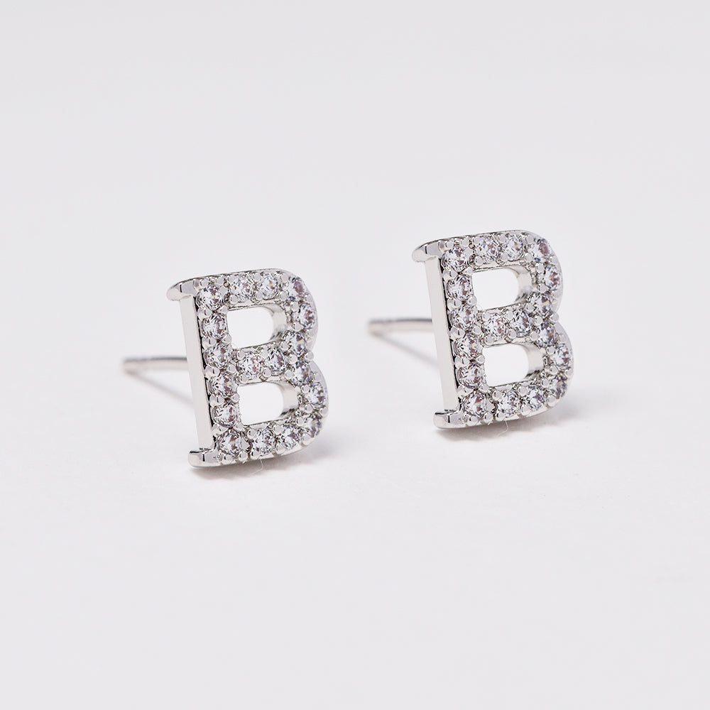 Premium silver plated cubic zirconia initial stud earring