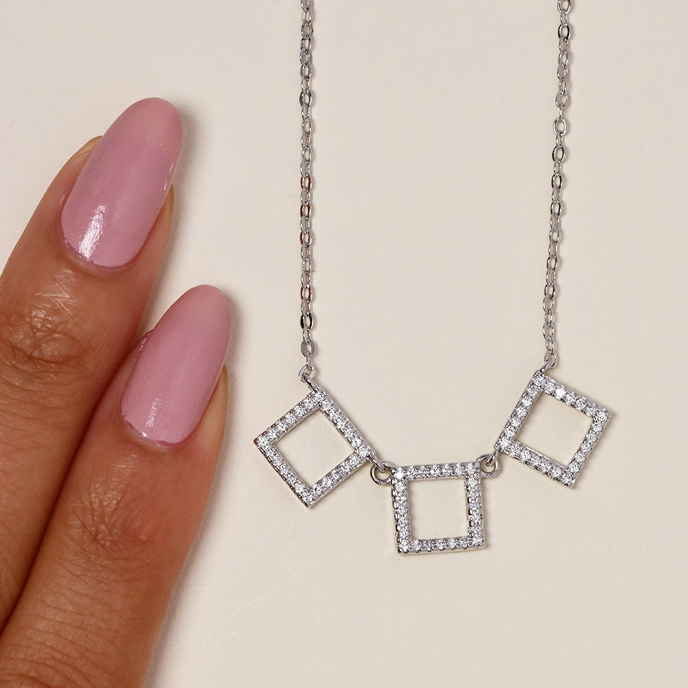 GFN3662 - Premium brass silver plated cubic zirconia cutout 3 square necklace