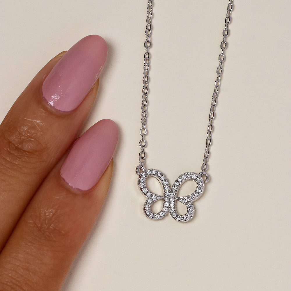Premium silver plated cubic zirconia cutout butterfly necklace
