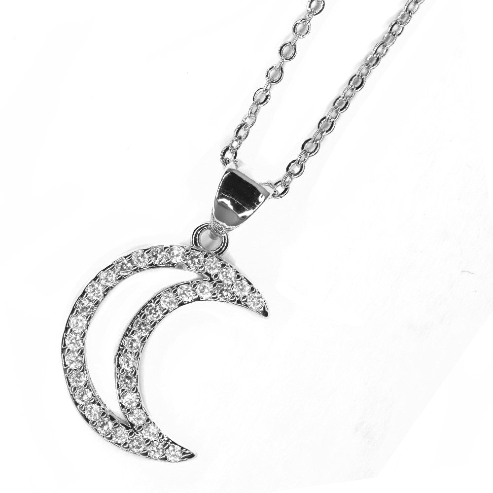 Premium silver cutout cubic zirconia crescent moon necklace