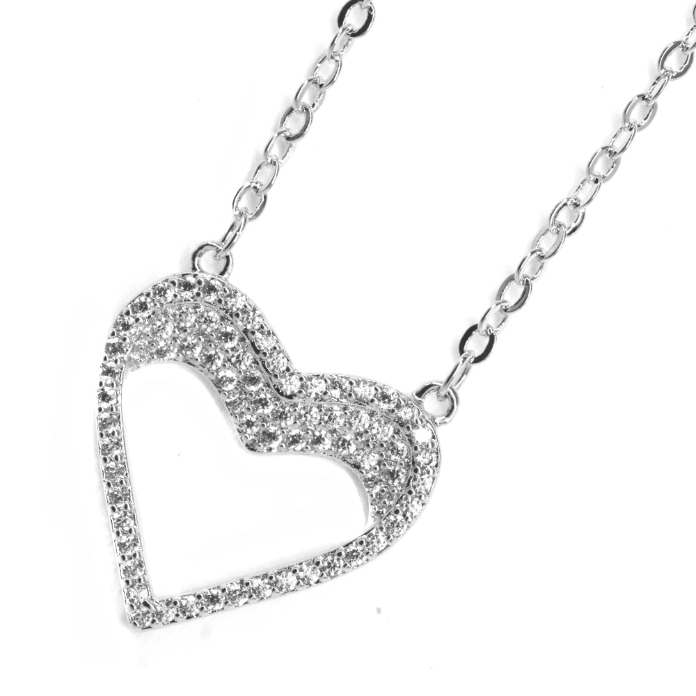 Premium cubic Zirconia half cutout heart silver plated necklace