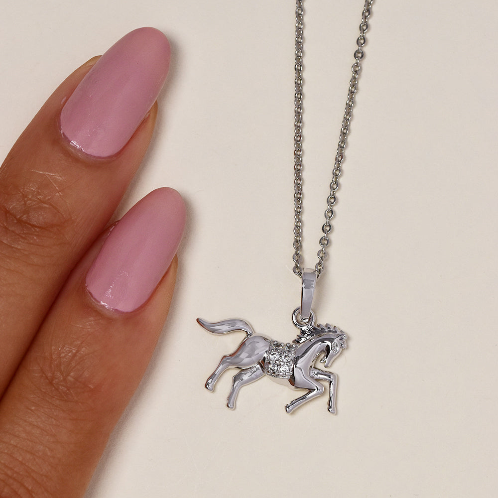 Premium horse with CZ saddle silver plated necklace