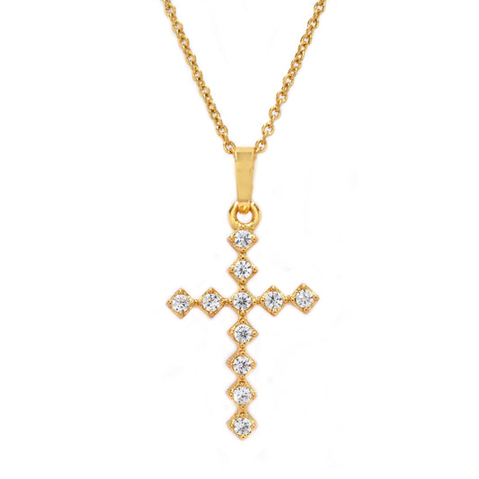 Premium gold plated diamond shape cubic zirconia cross necklace