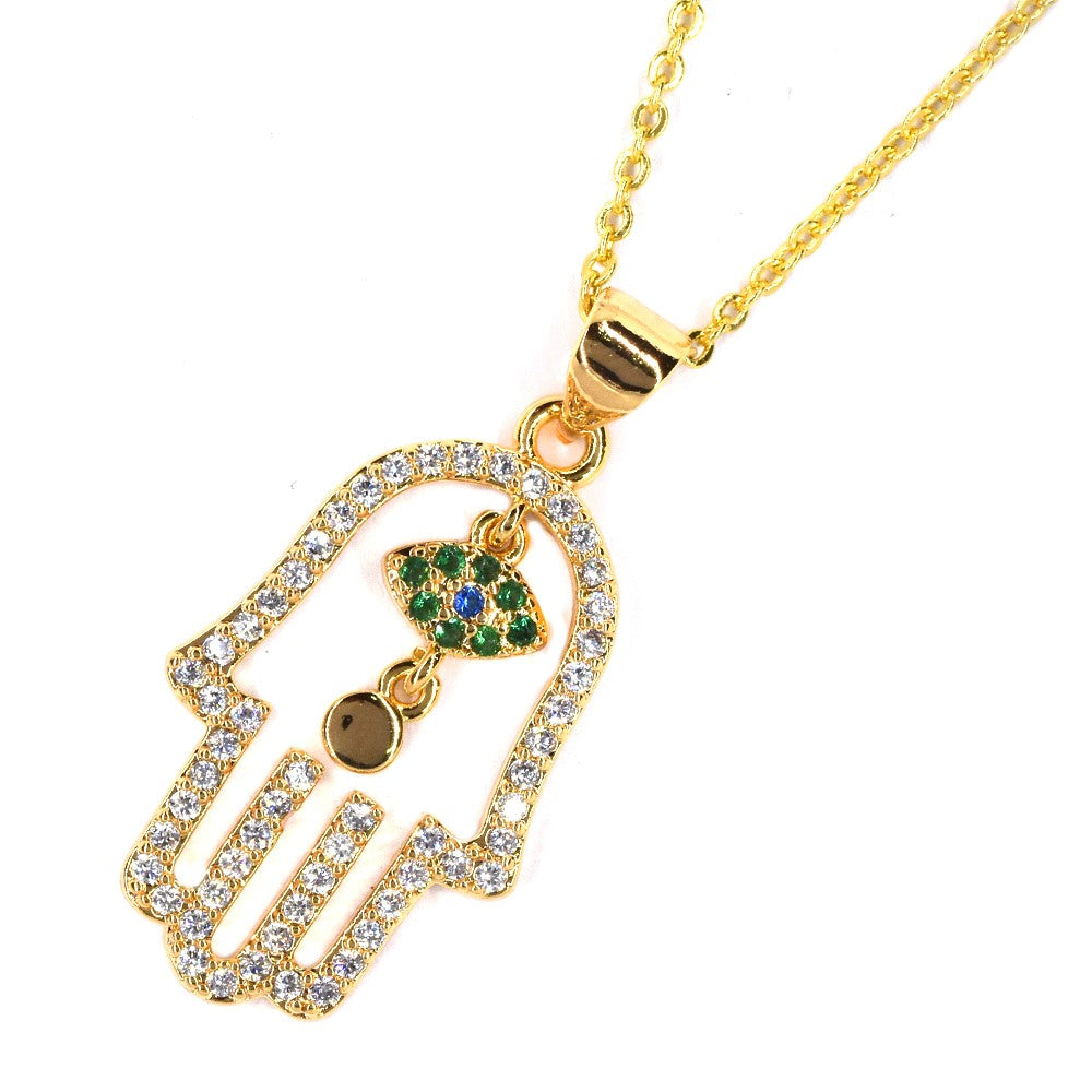 Premium gold plated cubic zirconia cutout Hamsa with evil eye necklace