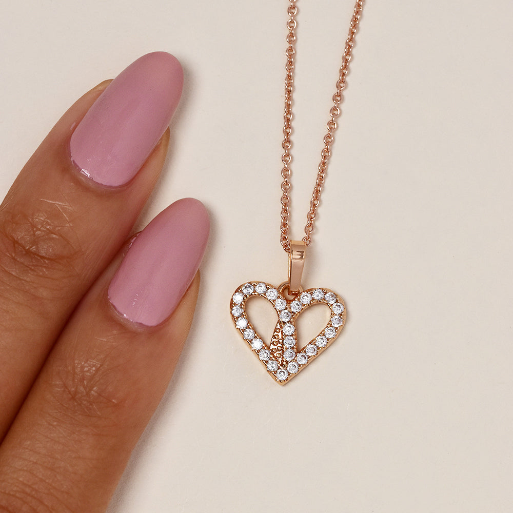 Premium rose gold plated cubic zirconia pretzel heart necklace